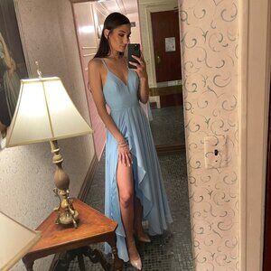 Faviana Blue Ruffle Skirt Gown